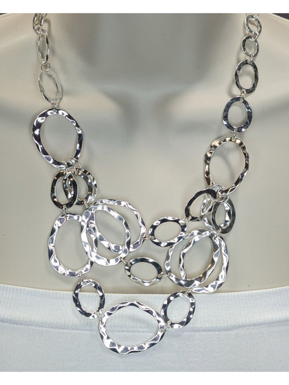 Brutalist Modern Hammered Silver Bib Necklace Layered Oval Rings Statement Jewel